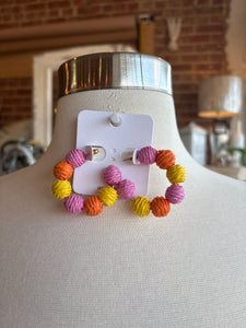 Color Blocked Raffia Ball Hoops