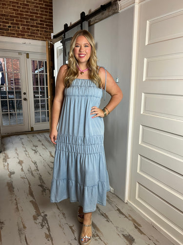 Arwen Chambray Tie Strap Tiered Maxi Dress
