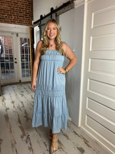 Arwen Chambray Tie Strap Tiered Maxi Dress