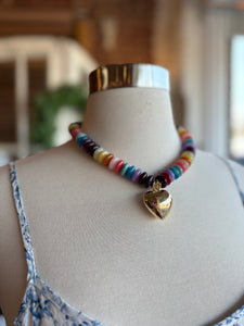 Color Wide Bead Puffy Heart Necklace