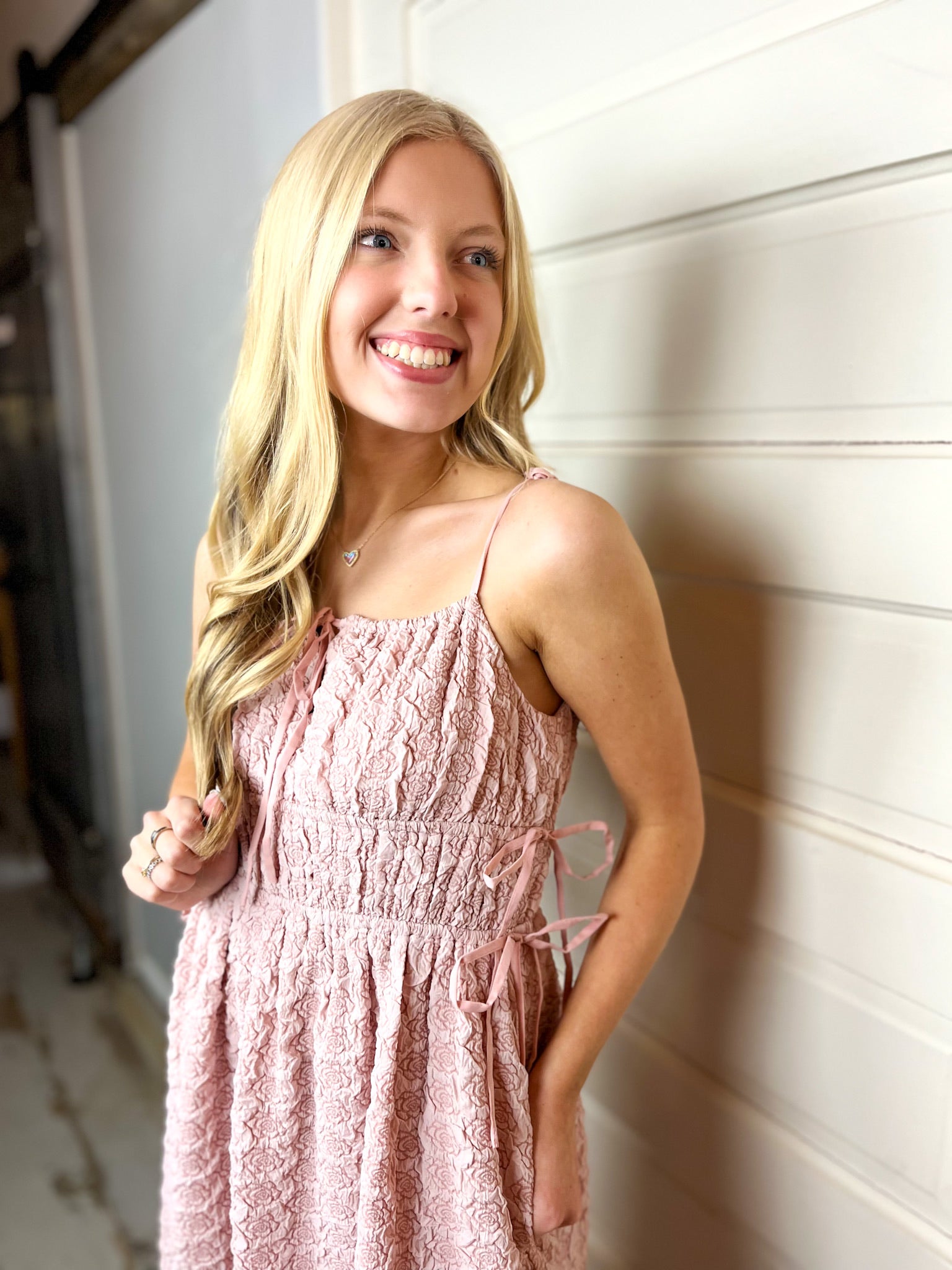 Standing Ovation Pink Rosette Midi Dress Pink / XS Standing Ovation Pink Rosette Midi Dress Pink / XS
