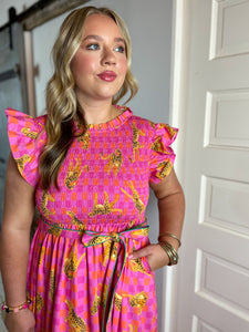 Charming Cheetah Cotton Poplin Smocked Midi Dress