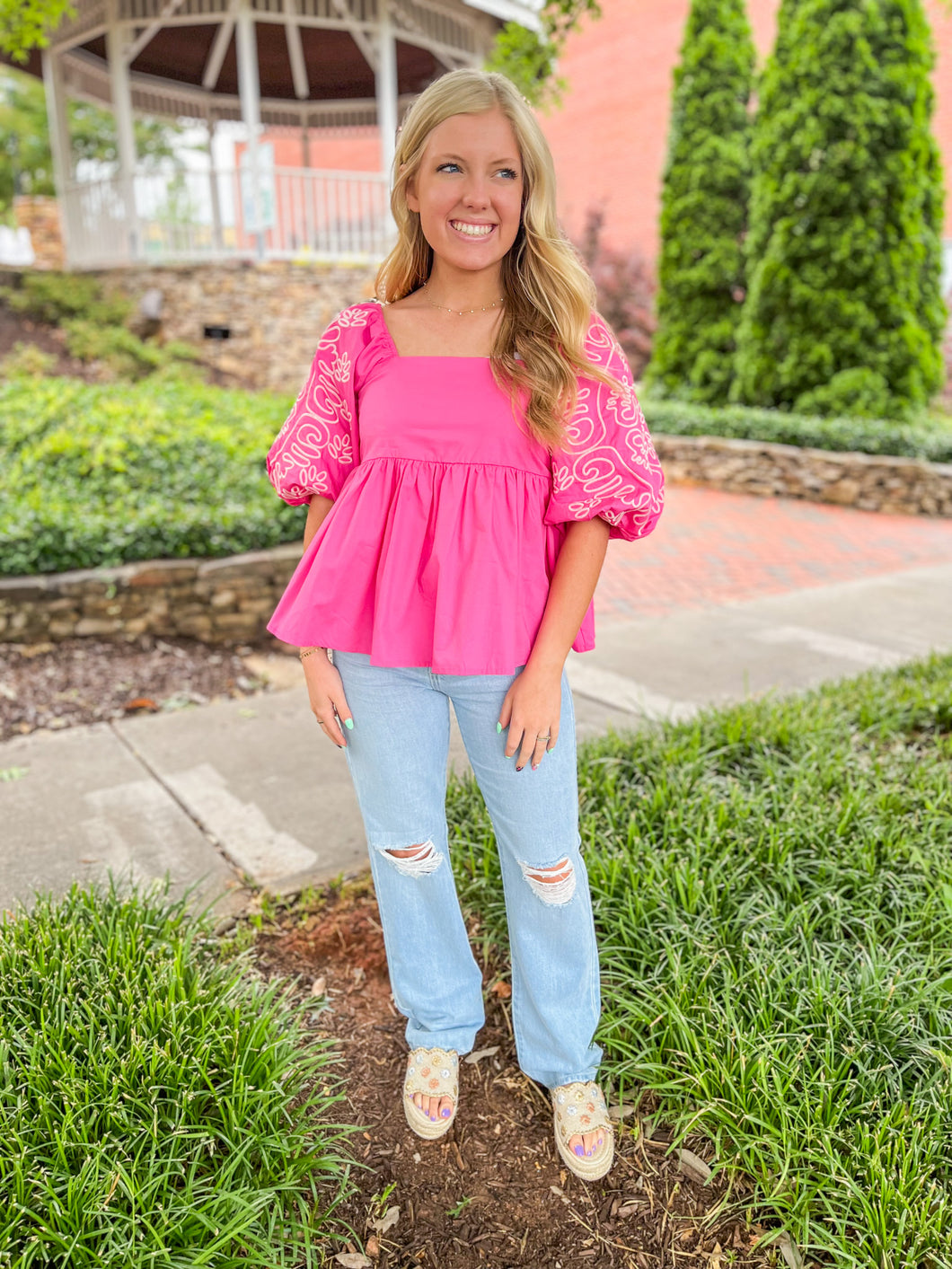Leighton Embroidered Puff Sleeve Top