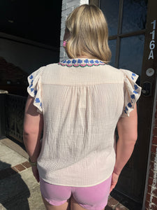 THML Luella Embroidered Flutter Sleeve Top
