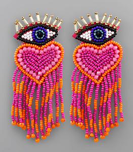 Evil Eye & Heart Tassel Earrings
