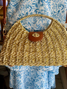 Metallic Half Moon Straw Clutch