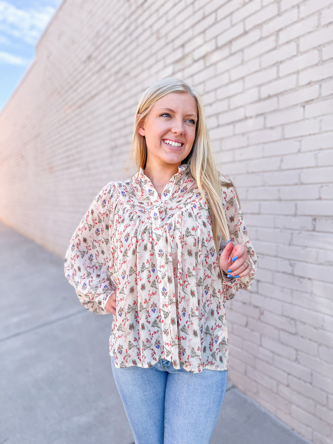 Neolani Vintage Floral Vine Pleat Chiffon Top