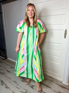 Sweet Spring Poplin Multi Stripe Balloon Sleeve Maxi Dress