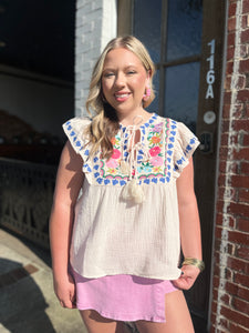 THML Luella Embroidered Flutter Sleeve Top