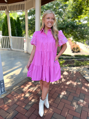 Music Row Vegan Leather Puff Sequin Sleeve Dress