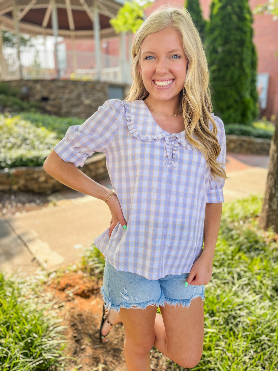 Darby Check Collar Ruffle Vintage Top