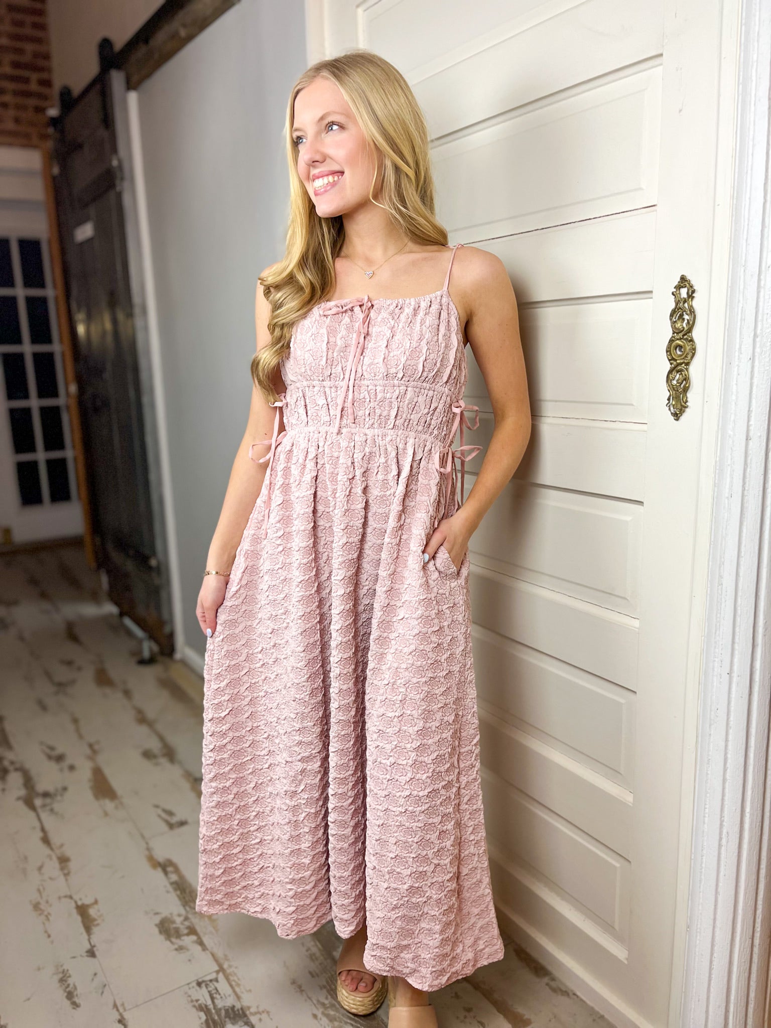 Standing Ovation Pink Rosette Midi Dress Pink / XS Standing Ovation Pink Rosette Midi Dress Pink / XS
