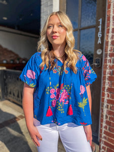 THML Sylvia Puff Sleeve Tie Neck Floral Top