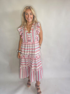 Poncho Stripe Print Ruffle Sleeve Midi Dress