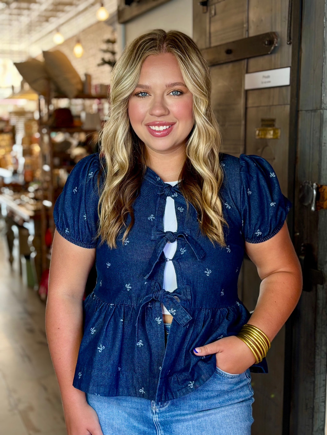 Sweet Tie Story Peplum Denim Top