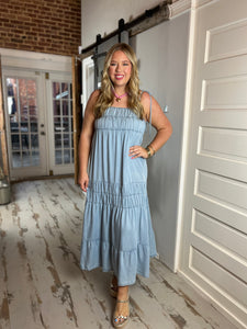 Arwen Chambray Tie Strap Tiered Maxi Dress