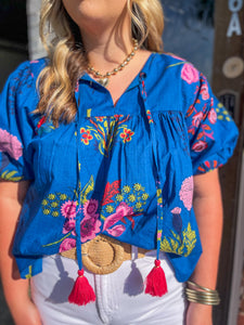 THML Sylvia Puff Sleeve Tie Neck Floral Top