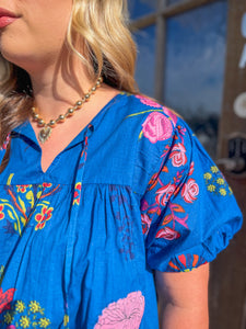 THML Sylvia Puff Sleeve Tie Neck Floral Top