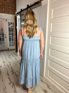 Arwen Chambray Tie Strap Tiered Maxi Dress