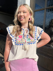 THML Luella Embroidered Flutter Sleeve Top