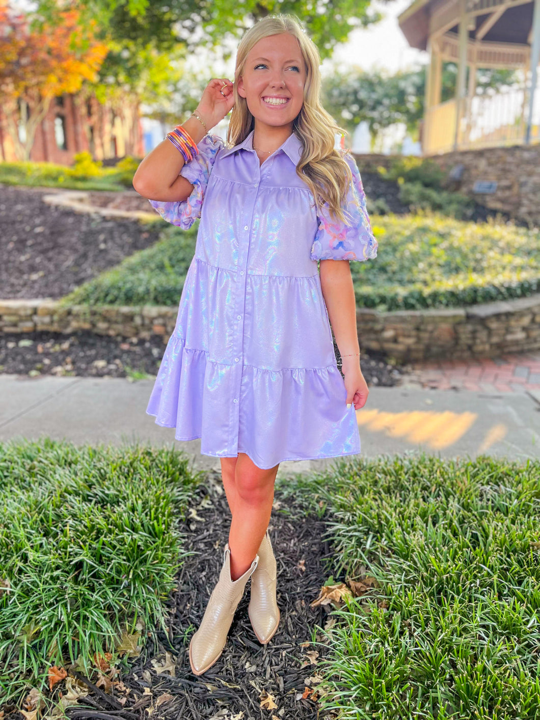 Lover Floral Sleeve Pearlescent Babydoll Dress