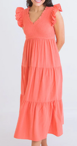 Story Solid Gauze V-Neck Smocked Tier Midi Dress