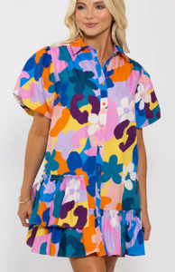 Scout Abstract Floral Puff Sleeve Dress Ruffle Bottom Dress