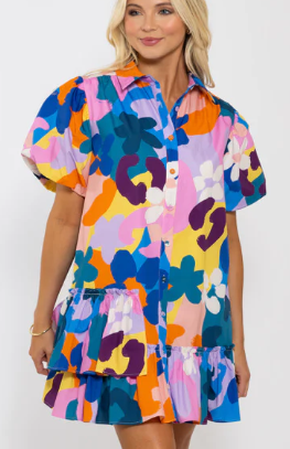 Scout Abstract Floral Puff Sleeve Dress Ruffle Bottom Dress