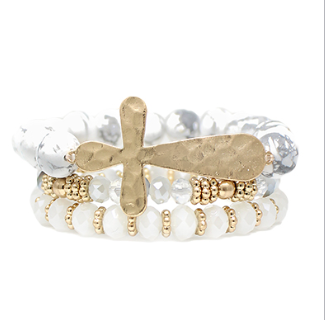 3 Row Stone Beads Cross Bracelet