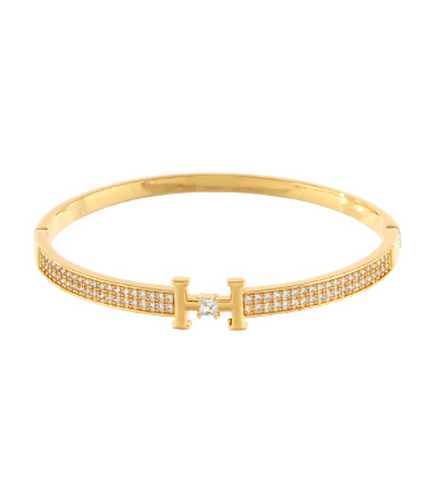 Initial Pave CZ Bangle Bracelet Gold Dipped