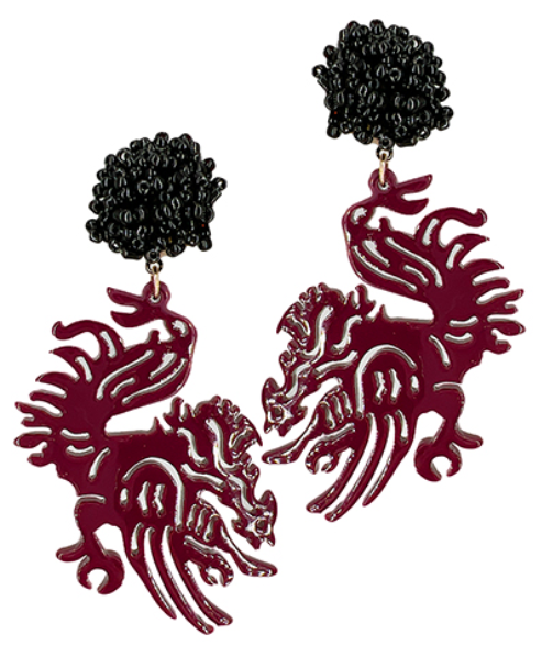 Bead Pom Pom & Gamecock Earrings