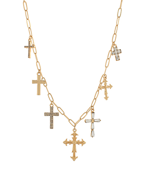 Pave 7 Cross Multi Charm Necklace