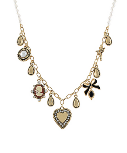 Heart & Cameo Multi Charm Pearl Necklace