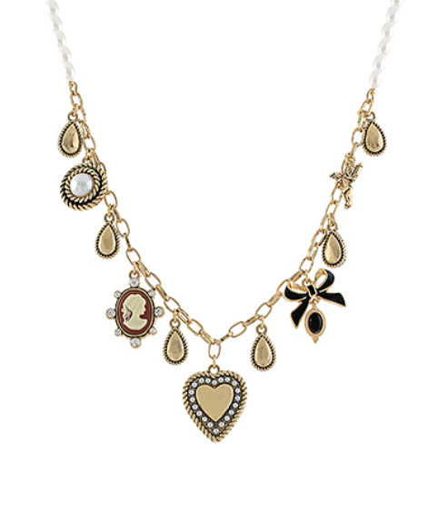 Heart & Cameo Multi Charm Pearl Necklace
