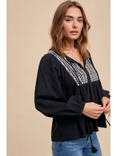 Zetta Tie V-Neck Embroidered Blouse