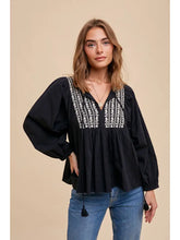 Zetta Tie V-Neck Embroidered Blouse