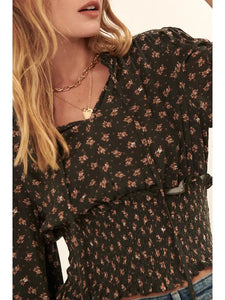 Paris Floral V-Neck Smock Bodice Long Sleeve Blouse